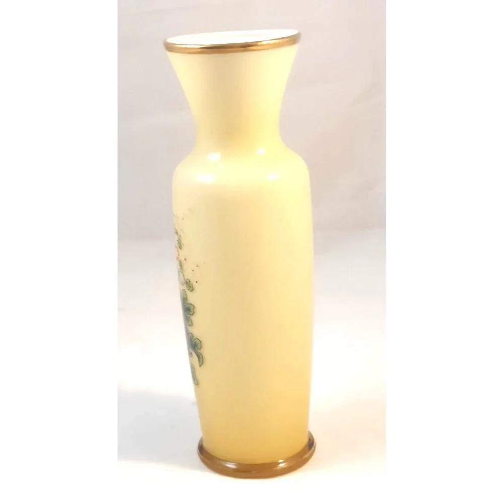 Vtg Hand Blown Golden Amber White Encased Glass Vase Hand Painted Flowers 8